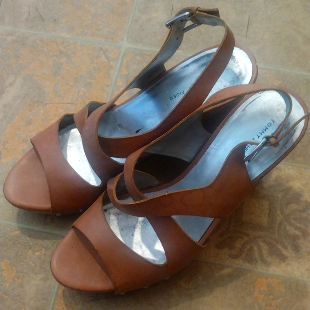 Tommy Hilfiger brown leather cork platform wedges